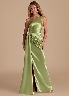 Azazie Mika Vestidos de damas de honor Vestido de Pistacho de Satén Metálico de Corte Recto con Hombro unilateral image1