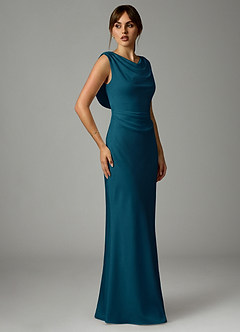 Azazie Kieryn Robes de demoiselle d'honneur Robe Sirène en Satin extensible Plissée Bleu Encre image4