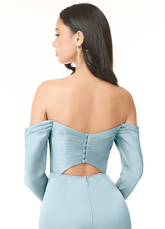 Azazie Hallie Bridesmaid Dresses Moody Blue Sheath Off-The-Shoulder Long Sleeve Stretch Satin Convertible Dress image7