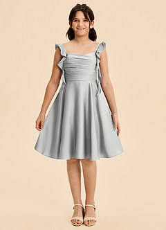 Azazie Kira Junior Vestido de Plata de Satén Elástico de Corte en A con Volante image1