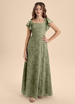 Azazie Bondi Junior Vestido de Pistacho de Devorado Floral de Corte en A con Lazo image4