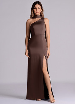 Azazie Philana Final Sale Ganache A-Line One Shoulder Stretch Satin Dress image1