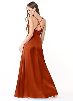 Azazie Naomie Bridesmaid Dresses Paprika A-Line Cowl Neckline Side Slit Stretch Satin Dress image2
