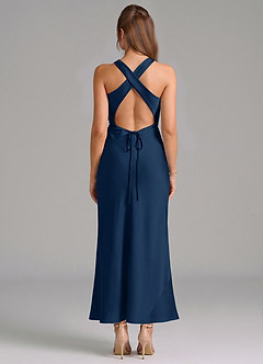 Azazie Evadne Vestidos de damas de honor Vestido de Azul Marino Oscuro de Satén Elástico de Corte Recto con Plisado image5