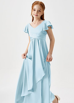 Azazie Omari Junior Sky Blue A-Line Pleated Stretch Satin Dress image6