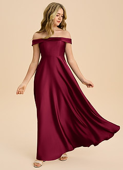 Azazie Sissy Junior Burgundy A-Line Off the Shoulder Stretch Satin Dress image5
