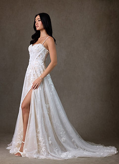 Azazie Ramina Wedding Dresses Diamond White Champagne A-Line Sweetheart Neckline Lace Dress image3