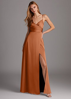 Azazie Calissa Bridesmaid Dresses Copper A-Line V-Neck Pleated Stretch Satin Dress image3
