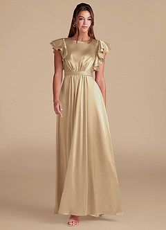 Azazie Daphne Modest Bridesmaid Dresses A-Line Ruched Metallic Satin Floor-Length Dress image3