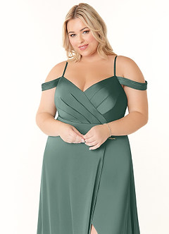 Azazie Ocean Bridesmaid Dresses Eucalyptus A-Line V-Neck Pleated Stretch Satin Dress image10
