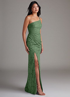 Azazie Eren Bridesmaid Dresses Eucalyptus Sheath One Shoulder Floral Burnout Dress image3