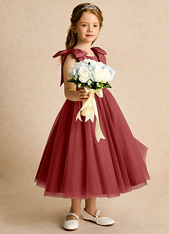 Azazie Serene Abiti da Ragazza di Fiori Abito Principessa in Raso Opaco Fiocco Ruggine image5