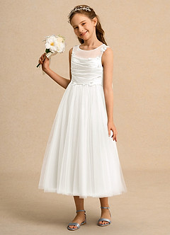 Azazie Snowball Girl Jurken voor bloemenmeisjes Baljurk Jurk van Tule Geplooid Ivoor image3