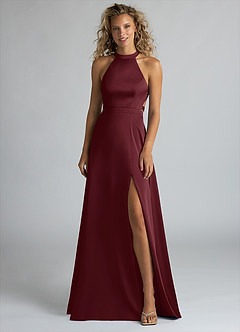 Azazie Clarice Robes de demoiselle d'honneur Robe Trapèze en Satin extensible Col Haut Cabernet image4