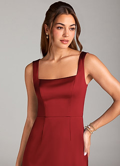 Azazie Flori Bridesmaid Dresses Pomegranate Sheath Side Slit Stretch Satin Dress image5