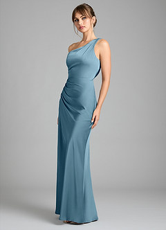 Azazie Madelyn Vestidos de damas de honor Vestido de Bermudas de Satén Elástico de Corte Sirena Convertible con Hombro unilateral image6