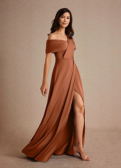 Azazie Milton At-home Try On Dresses Copper A-Line Pleated Stretch Satin Dress image2