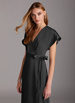 Azazie Nico Bridesmaid Dresses Black A-Line V-Neck Stretch Satin Dress image6