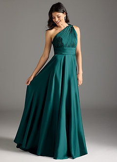 Azazie Charlize Robes de demoiselle d'honneur Robe Trapèze en Satin extensible Ue épaule Paon image2