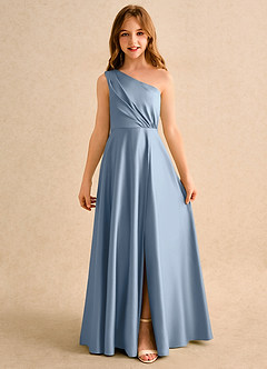 Azazie Puddles Junior Formal Flower Girl Dresses Dusty Blue A-Line One Shoulder Matte Satin Dress image4