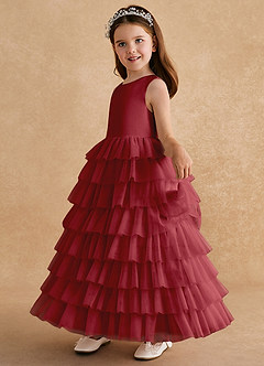 Azazie Twinkle Toes Flower Girl Dresses Pomegranate A-Line Bow Tulle Dress image4