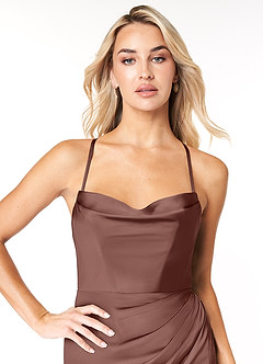 Azazie Marzia Brautjungfernkleider Etui Kutte Gefaltet Stretch-Satin Kleid Espresso image6