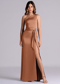 Azazie Philana 신부 들러리 드레스 A라인 한쪽 어깨 스트레치 새틴 바닥 길이 드레스 image2