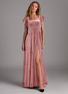 Azazie Bondi Bridesmaid Dresses Dusty Rose A-Line Side Slit Velvet Dress image1