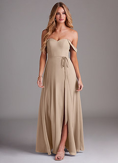 Azazie Aaron Bridesmaid Dresses Taupe A-Line Off the Shoulder Chiffon Convertible Dress image4