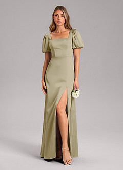 Azazie Fyona Vestidos de damas de honor Vestido de Musgo Verde de Satén Elástico de Corte en A con Plisado image3