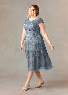 Azazie Sanna Mother of the Bride Dresses Dusty Blue Champagne A-Line Scoop Lace Tulle Dress image9
