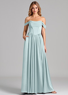 Azazie Raisa 신부 들러리 드레스 A라인 오프 더 숄더 스트레치 새틴 바닥 길이 드레스 image1