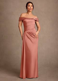 Azazie Beah Mother of the Bride Dresses Salmon Pink Sheath Off the Shoulder Stretch Satin Dress image1