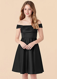Azazie Amira Junior Black A-Line Pleated Stretch Satin Dress image4