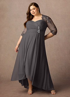 Azazie Anne Abiti per la Madre della Sposa Abito Tubino in Pizzo con Scollo a Cuore e Paillettes Grigio Acciaio image15