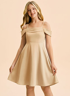 Azazie Anselie Junior Robe Trapèze en Satin extensible Épaules dénudées Or image5