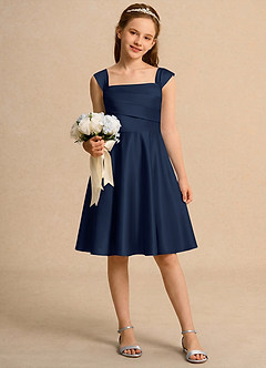 Azazie Budle Flower Girl Dresses Dark Navy A-Line Pleated Matte Satin Dress image1
