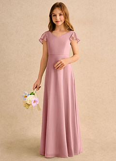 Azazie Nari Girls Formal Flower Girl Dresses Dusty Rose A-Line with Sleeves Chiffon Dress image4