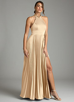 Azazie Zienna 신부 들러리 드레스 A라인 주름진 스트레치 새틴 바닥 길이 드레스 image1