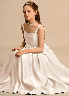 Azazie Mochi Girls Formal Flower Girl Dresses White Alabaster Ball-Gown Pleated Matte Satin Dress image3