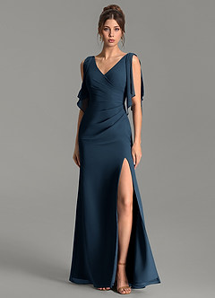 Azazie Ember Vestidos de prueba en casa Vestido Azul Marino Oscuro de Gasa de Corte Recto con Plisado image1