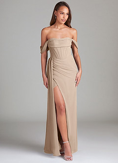Azazie Amyra Bridesmaid Dresses Taupe Sheath Off the Shoulder Chiffon Convertible Dress image3