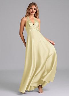 Azazie Tessie Vestidos de damas de honor Vestido de Sorbete De Limón de Satén Elástico de Corte en A con Plisado image4