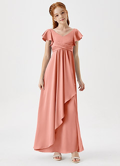 Azazie Omari Junior Coral A-Line Pleated Stretch Satin Dress image3