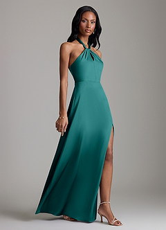 Azazie Tracie Bridesmaid Dresses Peacock A-Line Side Slit Stretch Satin Dress image3