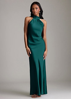 Azazie Cassiana Jurken voor bruidsmeisjes Jurk van Stretch Satijn met Zeemeermin Geplooid Pauw image1