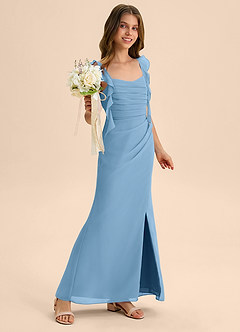Azazie Jessamine Junior Vestido de Azul Acero de Gasa de Corte Sirena con Escote de Corazón image4