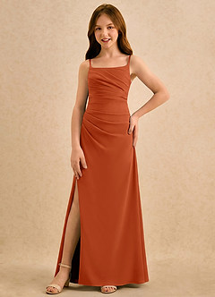 Azazie Cannoli Girls Formal Robe Demoiselle D'honneur Fillette Robe Trapèze en Mousseline de soie Plissée Orange Brûlée image5