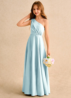 Azazie Puddles Girls Formal Flower Girl Dresses Sea Glass A-Line One Shoulder Matte Satin Dress image6