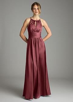 Azazie Bonnie Vestidos de damas de honor Vestido de Merlot de Satén Elástico de Corte en A con Plisado image3